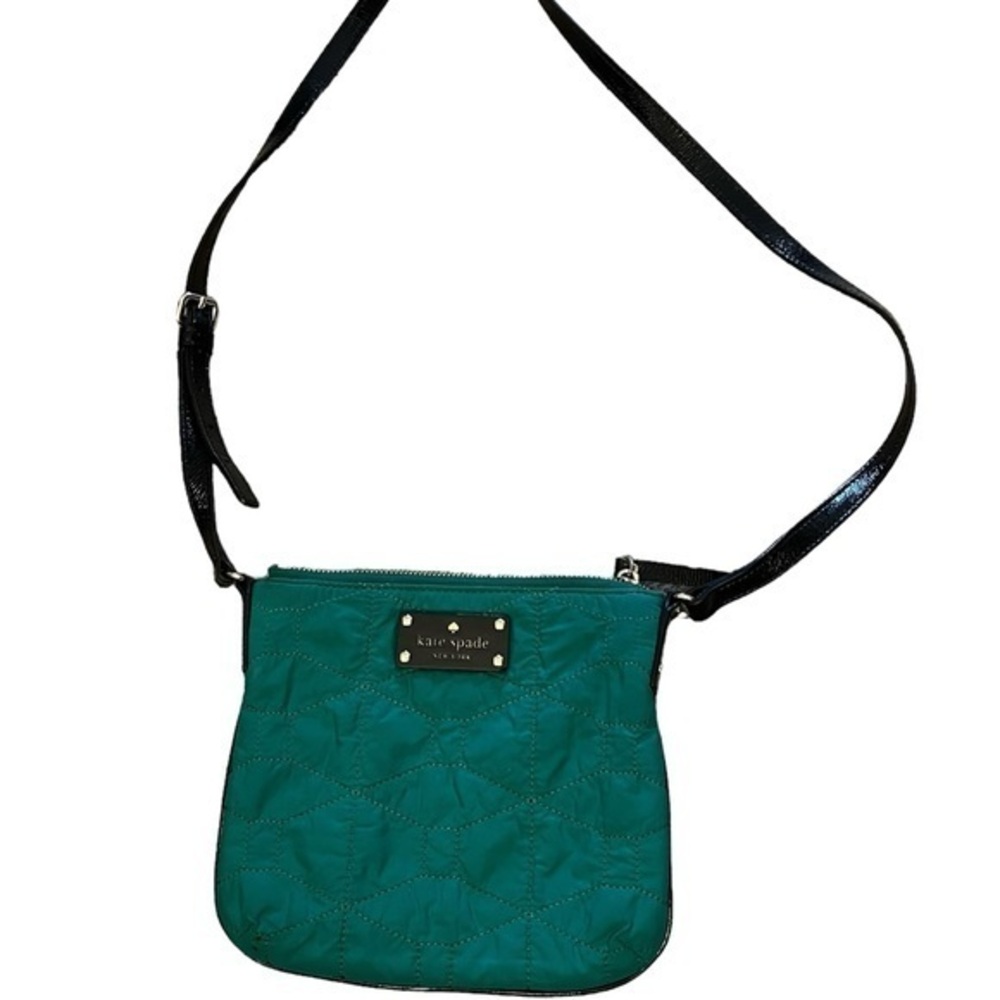 Kate Spade Dark Green Quilted Small Crossbody Bag Purse w/ Black Patent Strap